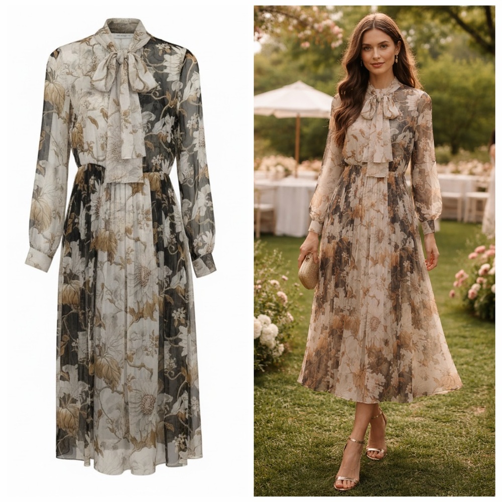 Oscar de la Renta Silk Floral Tie-Neck Midi Dress Black Cream Beige Brown US 6